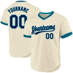 Custom Cream Navy-Teal Authentic Throwback Baseball Jersey