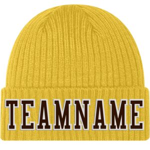 Custom Gold Brown-White Stitched Cuffed Knit Hat